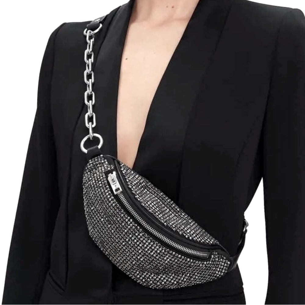 Alexander Wang Heiress Crystal Belt Bag – Rhinestone Chain, Black Leather